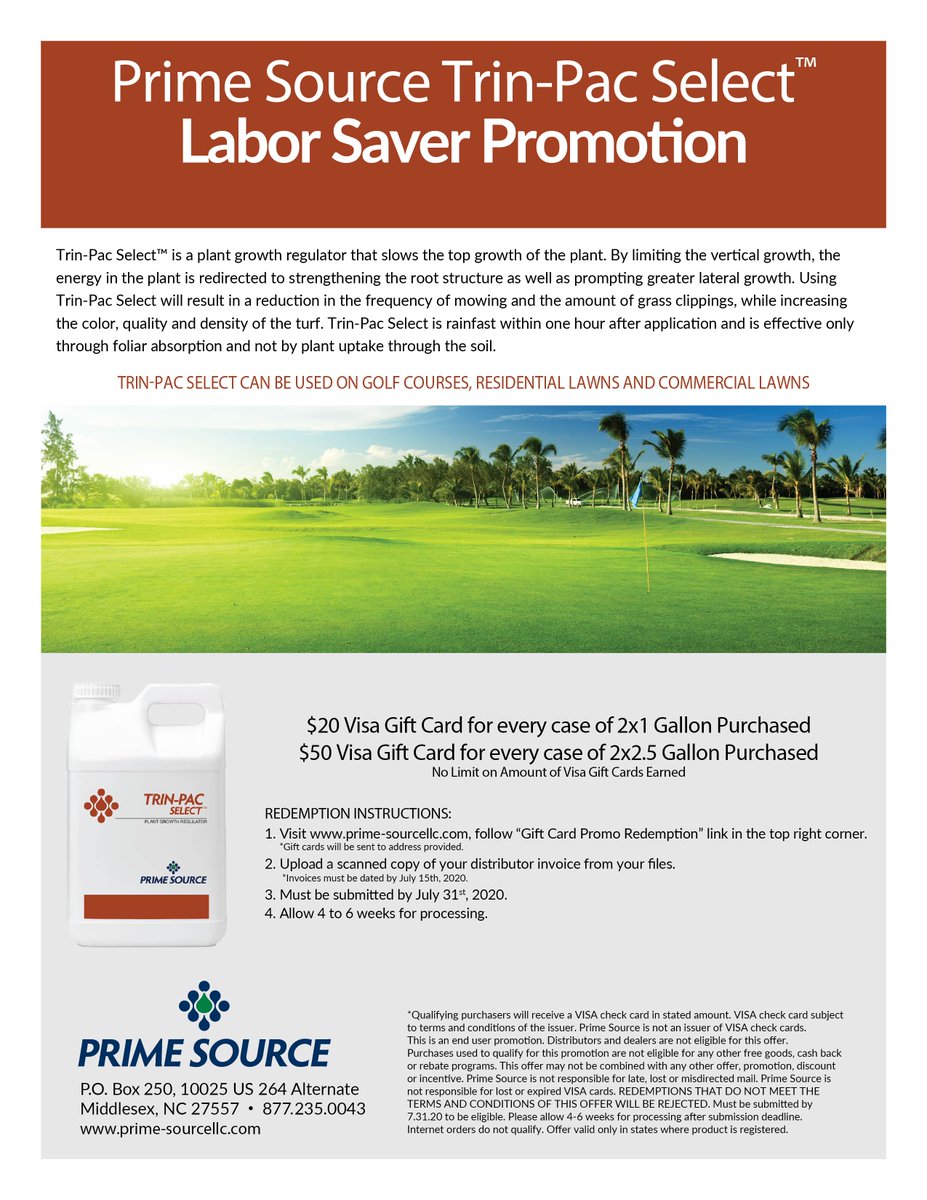AlbaughTurf's tweet photo. Haven’t signed up for our Trin-Pac Select Labor Saver Promotion yet? You still have time!
See below for more information!
#PrimeSource #PrimeSourceProducts #PlantGrowthRegulator #SpringOutside https://t.co/H0qu27HU1C