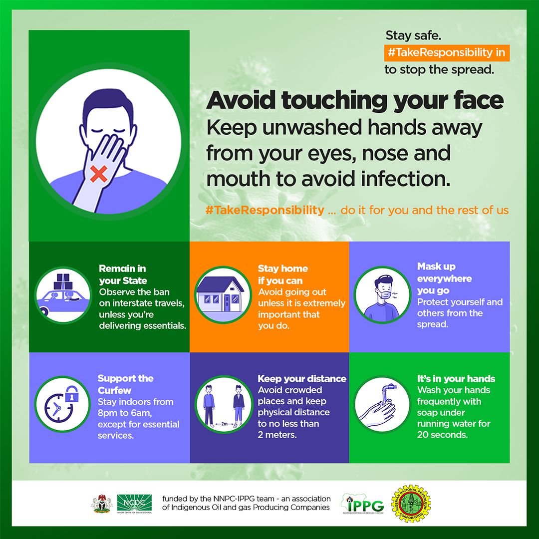 #TakeResponsibility and frequently disinfect surfaces around you, especially the ones you come in most contact with like door handles, tables and stair rails.
 
#NNPC_IPPGcovid19PSA
@NNPCgroup
<a href="/IPPGNigeria/">IPPG</a>
<a href="/NCDCgov/">NCDC</a>