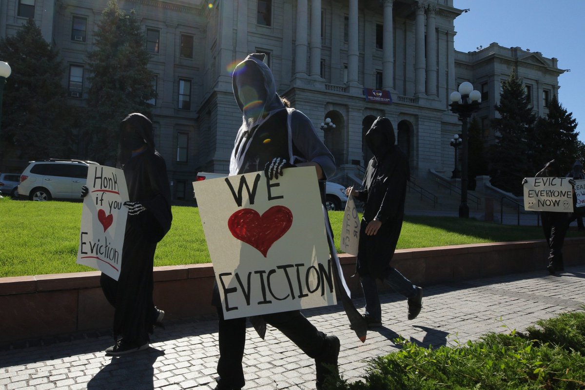 Down at the Capitol where Denver Socialists are dressed up as Death, "thanking" lawmakers for not cancelling rent and, they say, making their "jobs" - as grim reapers - easier.