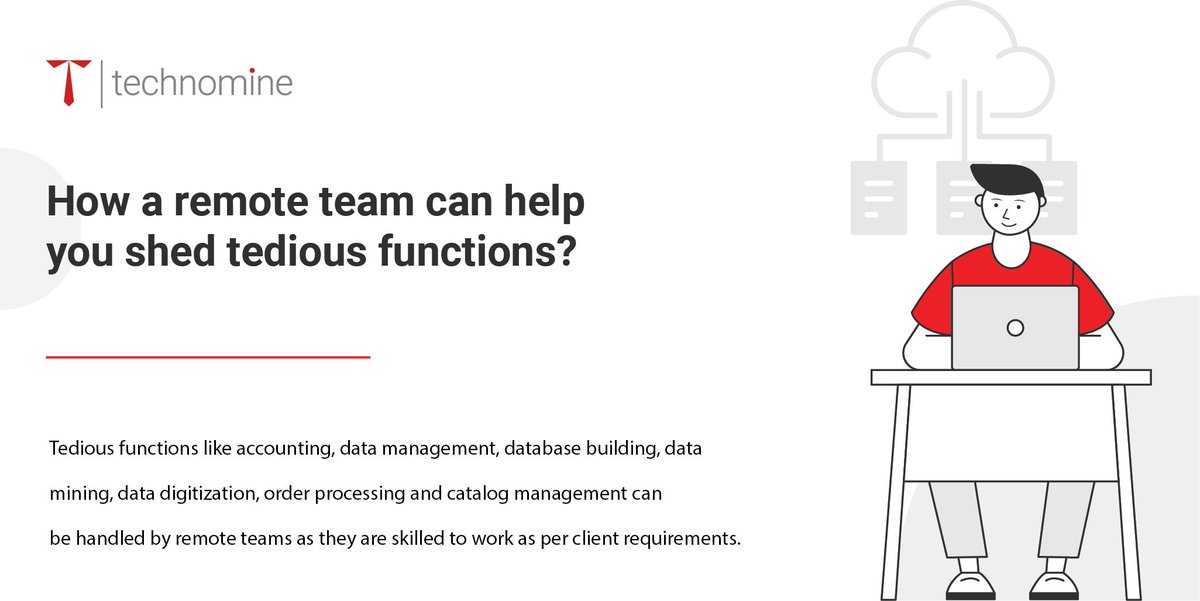 Nearly every business function involving tedious work can be delegated to remote back-end teams such as #accounting, #datamanagement, #databasebuilding, #datamining, #Datadigitization, #orderprocessing & #catalogmanagement by tapping into the access of a professional workforce.