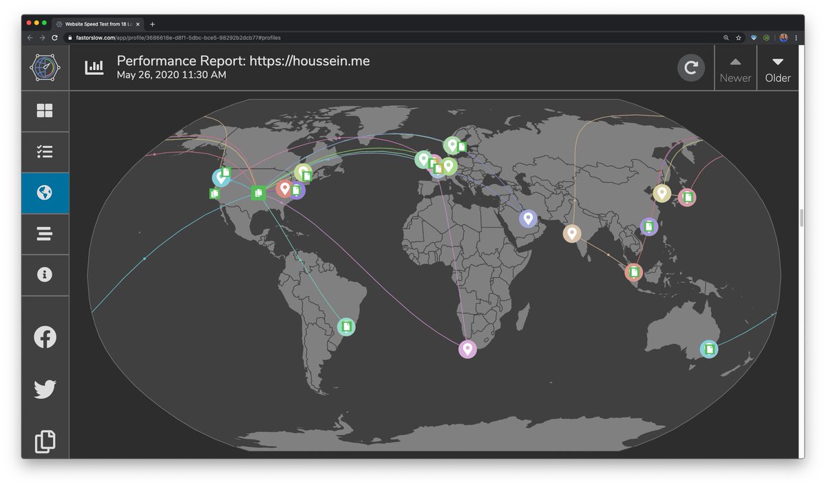 <a href="/isitfastorslow/">FAST OR SLOW</a> is amazing 🤯

It measures the performance of your site around the world by launching headless Chrome instances in 18 different locations.