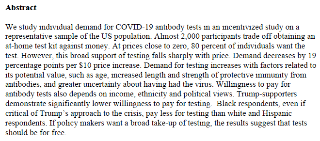 *New WP*Demand for COVID-19 Antibody Testing, and Why It Should Be Free https://ssrn.com/abstract=3607484 In an incentivized experiment (w/ Nora Szech,  @KITKarlsruhe) on US representative sample, - 4 out of 5 want tests if free- But demand drops by ½ for moderate prices($20)!(1/n)