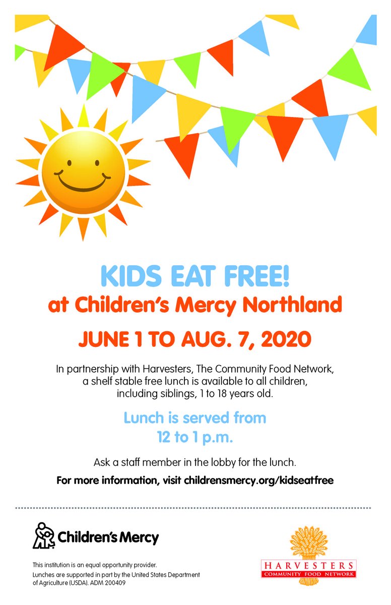 claymohealth's tweet photo. From June 1 - Aug. 7, kids can eat #free at Children's Mercy Northland. Lunch is served from 12-1 p.m. https://t.co/9VA647pNpl https://t.co/3NrDBjJAf1