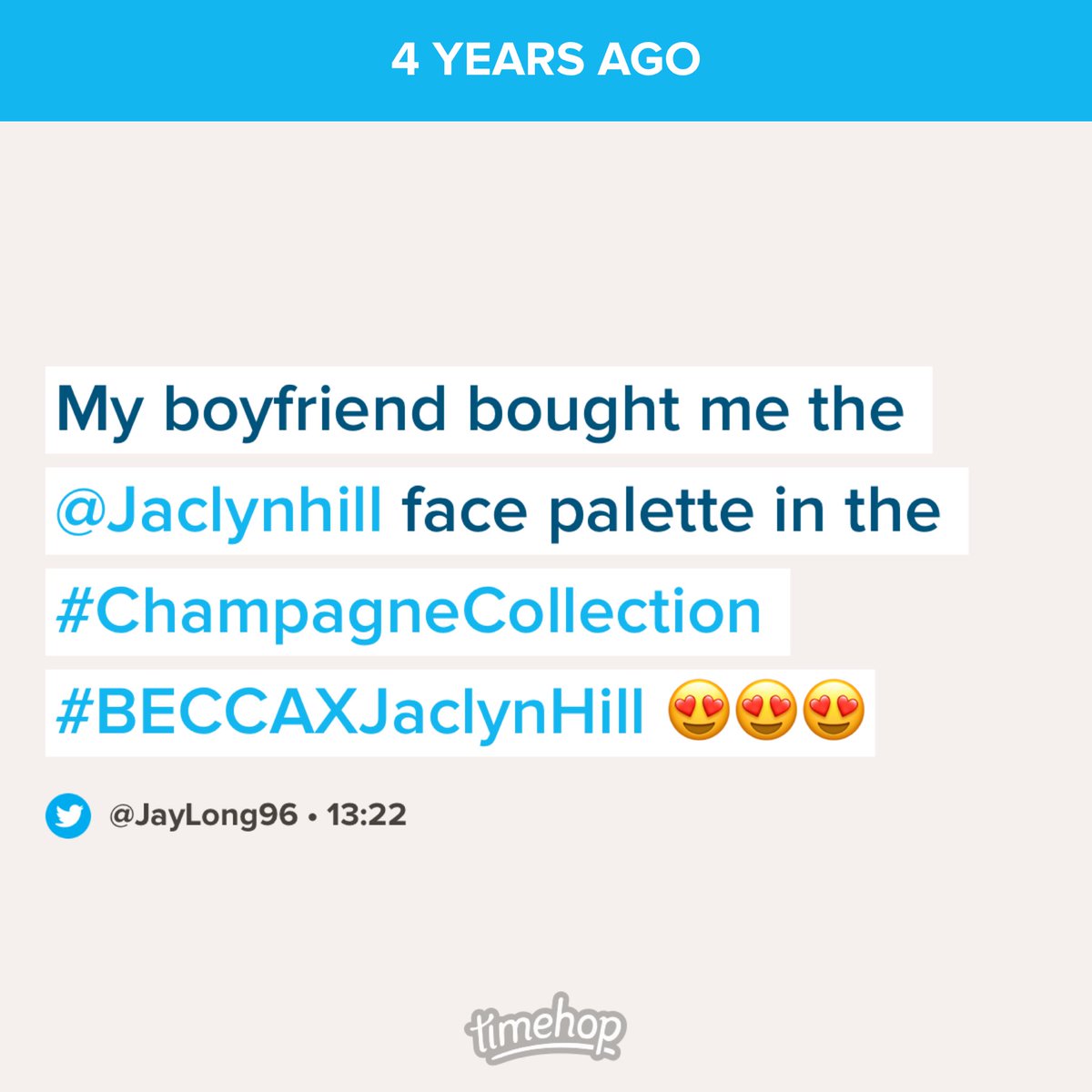 JayLong96's tweet photo. I still have and use this palette🥰 only difference between now and then is that I’ve hit pan but that guy isn’t in my life anymore @Jaclynhill #ChampagneCollection https://t.co/6wYjg8D1yx