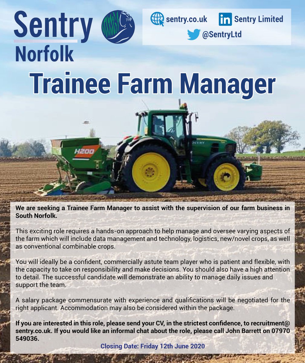 WE'RE HIRING! <a href="/SentryLtd/">Sentry</a> Norfolk are looking for a confident and commercially driven Trainee Farm Manager to assist with the supervision of their farm business in South Norfolk. 

To apply for this exciting and varied role please send your CV to: recruitment@sentry.co.uk #Careers