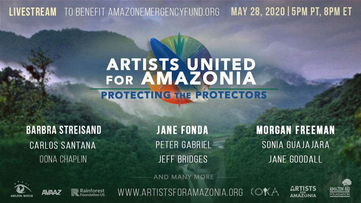 We all have a role to play to prevent the spread of #COVID19 in the Amazon! On May 28th at 8pm ET/5pm PT join @xiuhtezcatl & artists and influencers for Artists United for Amazonia: Protecting the Protectors a livestream event for the #AmazonEmergencyFund artistsforamazonia.org