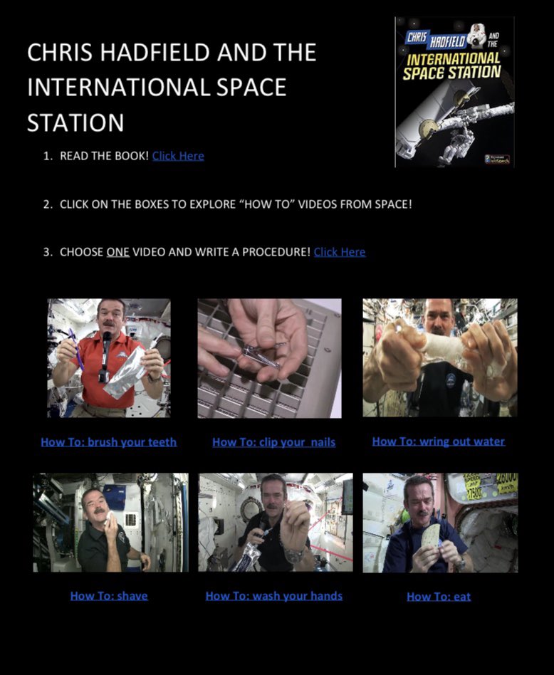 MsFotopoulos's tweet photo. @NASA is sending 2 astronauts to the @Space_Station on May 27th @ 4:33pm! Ss are learning about the ISS &amp; how humans meet their biological &amp; other needs while in space through #procedurewriting. Check out our interactive #choiceboard with @Cmdr_Hadfield videos! @GABrownMS_TDSB https://t.co/xF9LAqgAvh