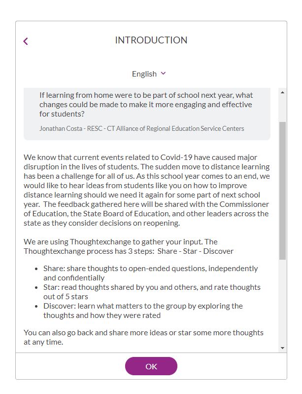 STUDENTS: As Gov Lamont, <a href="/EducateCT/">CT Dept of Education</a> &amp; CT leaders consider decisions on reopening schools, we want YOU to be part of this important conversation! We're using <a href="/thoughtxchng/">ThoughtExchange</a> to directly engage #studentvoice on how to improve distance learning should we need it again for fall 2020-21