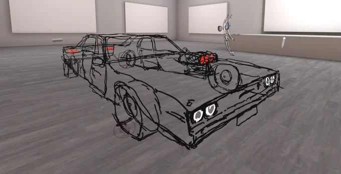 VRchatで黙々と一人、1968年式Dodge chargerを立体的に描いて遊んでた。資料なしだから細部は見んといて! 