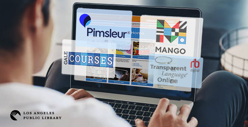 person on laptop displaying language learning logos