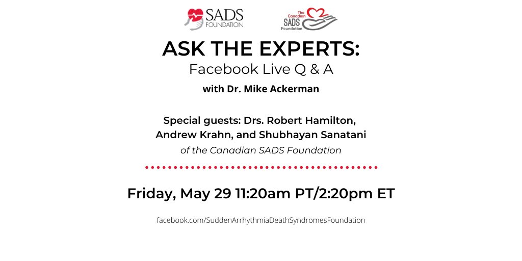 fiacardiac's tweet photo. Mark your calendars: @AndrewKrahnMD @DrSanatani @BobHamiltonMD will join @MJAckermanMDPhD for our weekly Facebook Live Q&amp;A this Friday, May 29 at 2:20pm ET. Tune in to have your questions answered by these SADS experts! @CanadianSADS https://t.co/P8P8dXJfRp