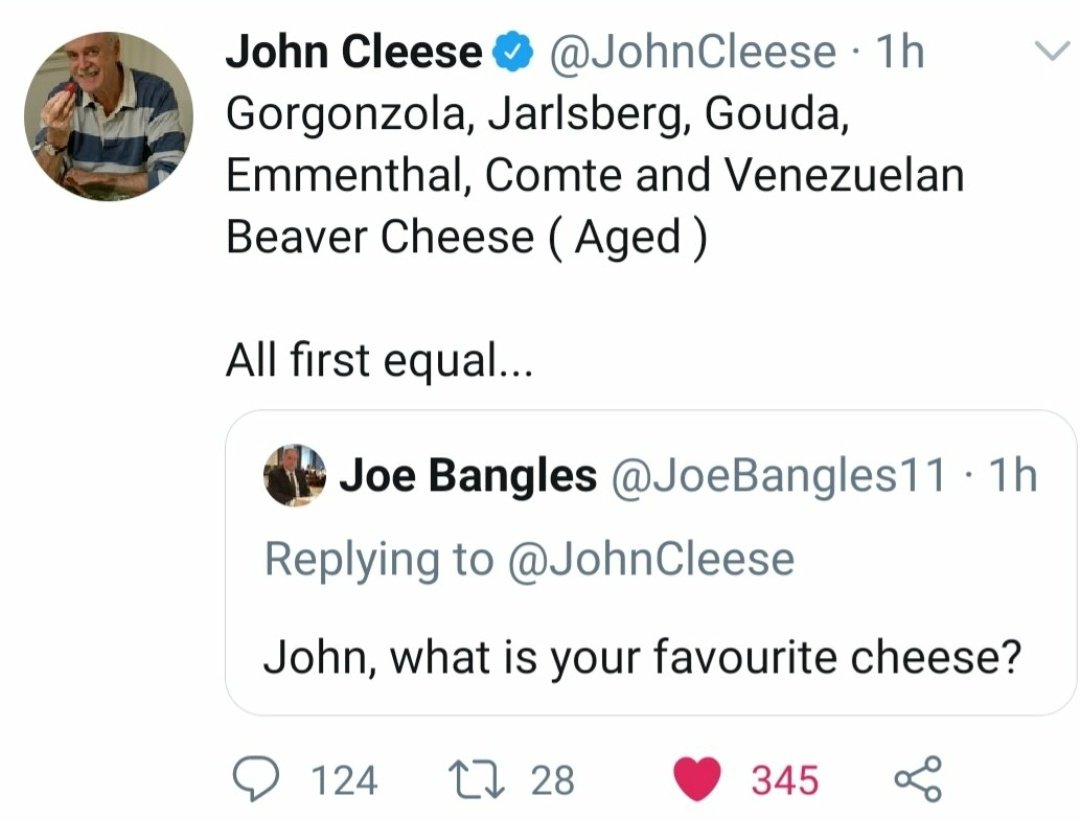 I know 3 of these legends are already on my Celebrity Cheese Wall but to have  @rickygervais,  @Dawn_French,  @JohnCleese and  @BeingBoycie on the same group is a must.Stars of the four GREATEST SITCOMS of all time Thank you all for replying! #tuesdayvibes #tuesdaymood #chesse