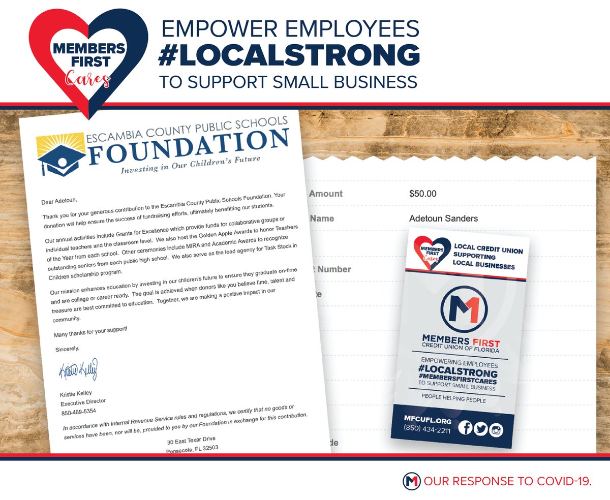 MembersFirstFL's tweet image. As part of the #CreditUnionsCareChallenge, Adetoun donated &amp;amp; matched her $25 to the Escambia County Public Schools Foundation.

To learn more about The Foundation's mission is to enhance education please visit ecsd-fl.schoolloop.com/ecpsf.

#MembersFirstCares #LocalStrong