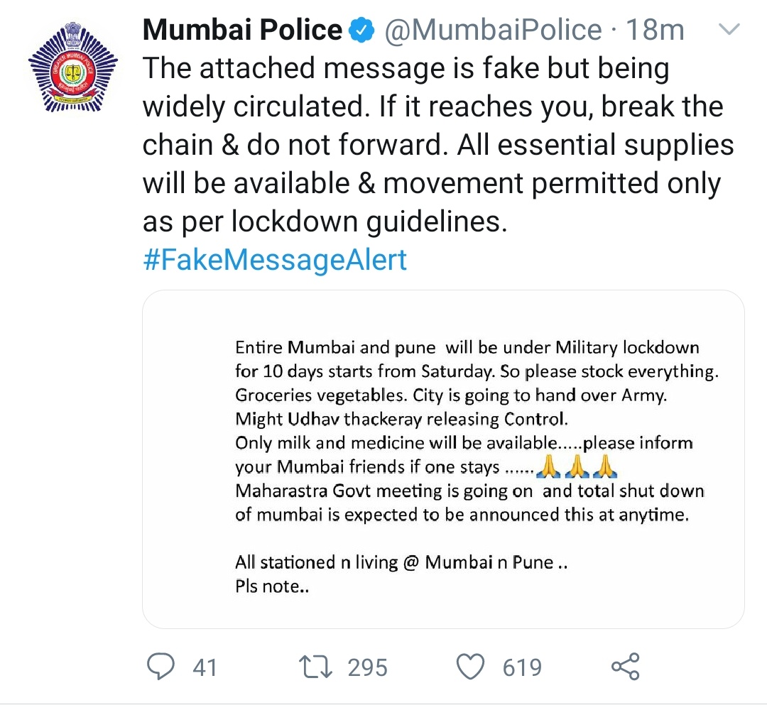 vinayrofficial's tweet image. Please don't trust rumours and do not forward such messages. Stop spreading rumours. First confirm. 
Read what's our @MumbaiPolice is saying. Just Break the chain. #TogetherWeCan
#FakeNewsAlert #FakeMessageAlert #Dontspread #rumours 🙏🏻