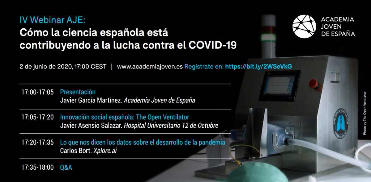 En la <a href="/academia_joven/">Academia Joven de España</a> seguimos con el cuarto webinar dedicado a visibilizar cómo la ciencia española está contribuyendo a la lucha contra la #COVID__19. Esta vez con <a href="/JavAsensio/">Javier Asensio</a> de <a href="/hospital12Oct/">Hospital 12 Octubre</a> y <a href="/ventilator_open/">The Open Ventilator</a> y <a href="/Carlos_Bort/">Carlos Bort</a> de <a href="/XploreAi/">xplore.ai</a>. Más info:   academiajoven.es/iv-webinar-aje…