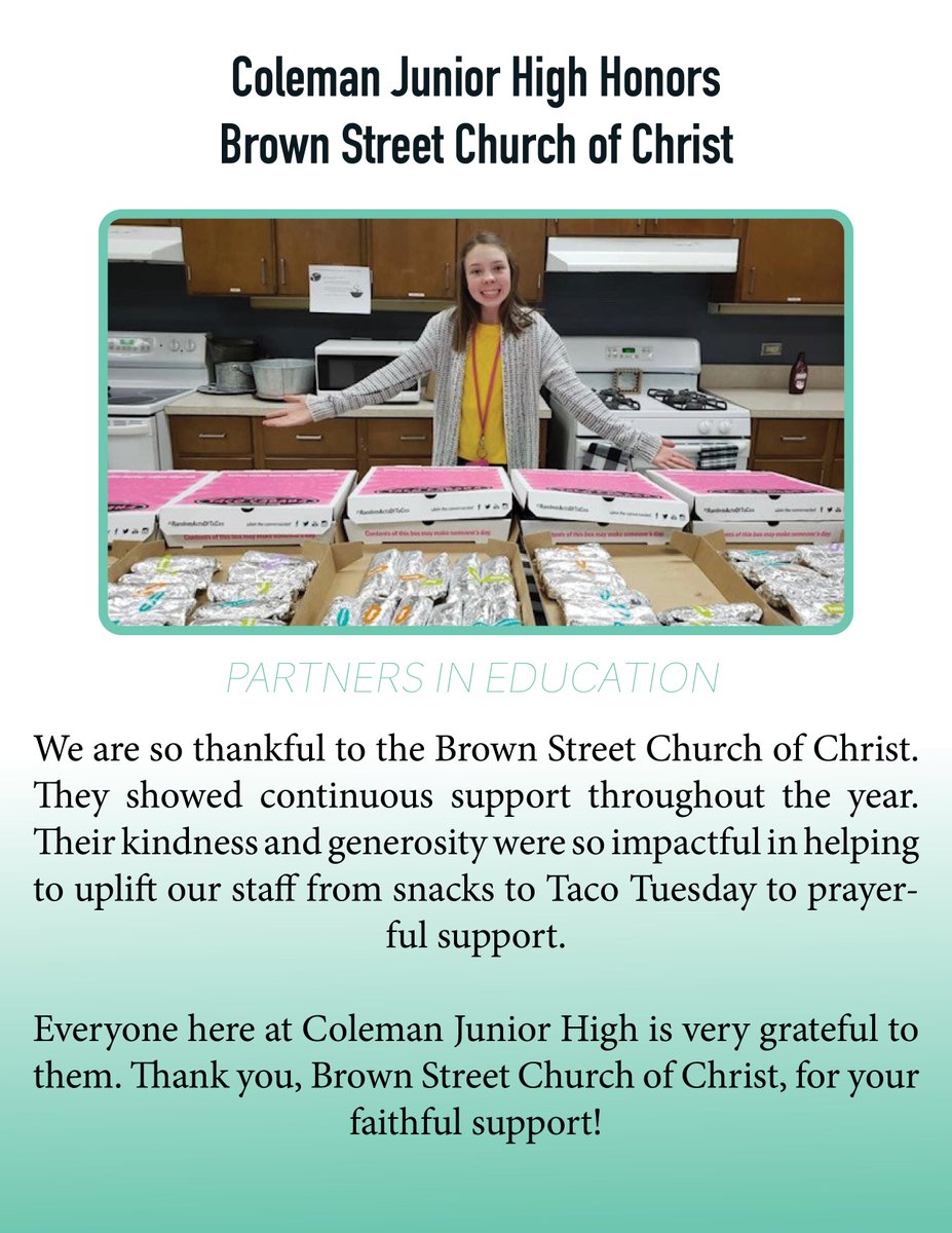 WaxahachieISD's tweet photo. Coleman Junior High Honors Brown Street Church of Christ
#PIE2020 https://t.co/JWEmokkzTQ