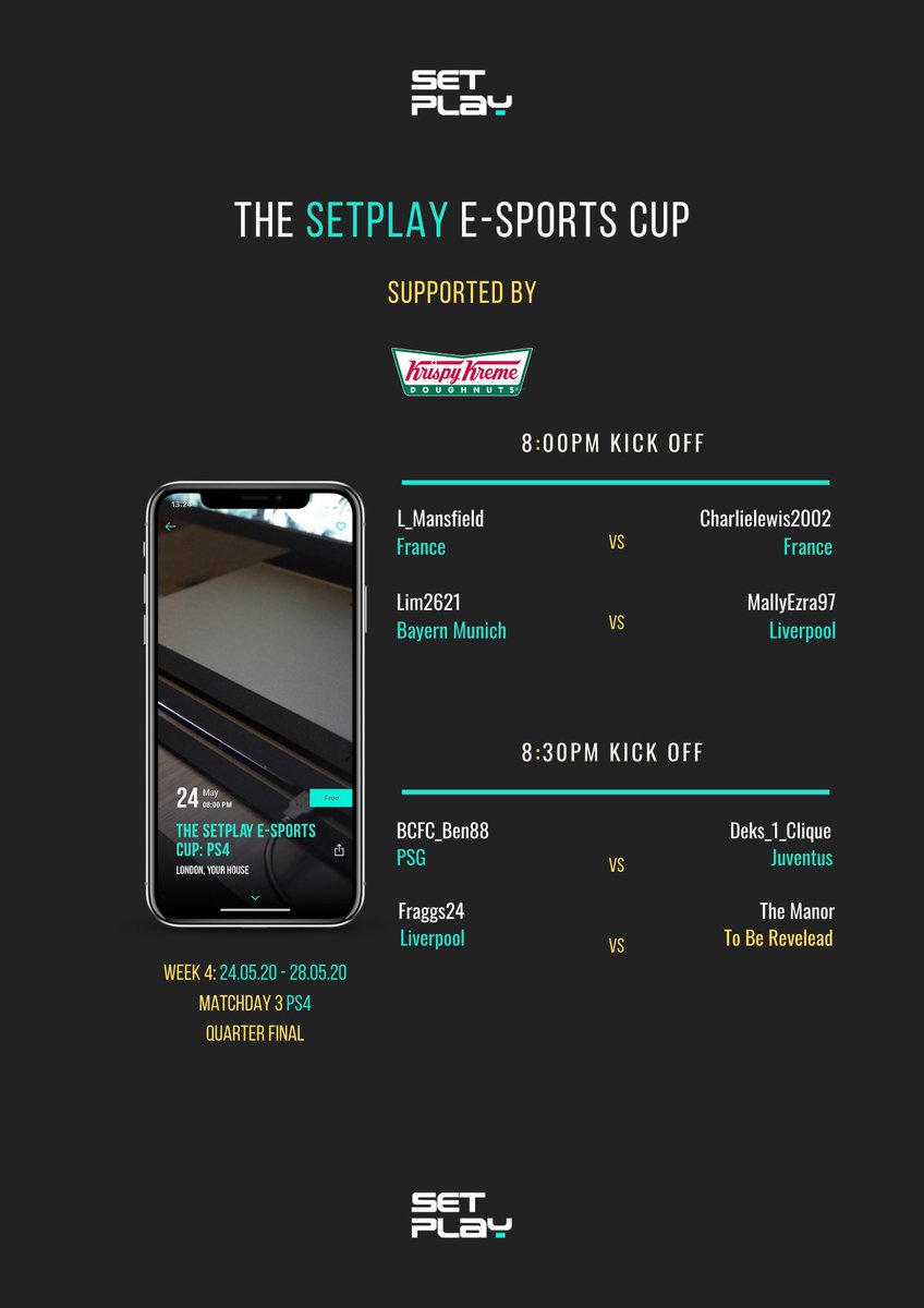 setplayapp's tweet photo. QUARTER FINALS🔥🔥
@setplayapp E-Sports Cup Week 4 🔥🔥 #FIFA20 https://t.co/ZLXILL1AIW