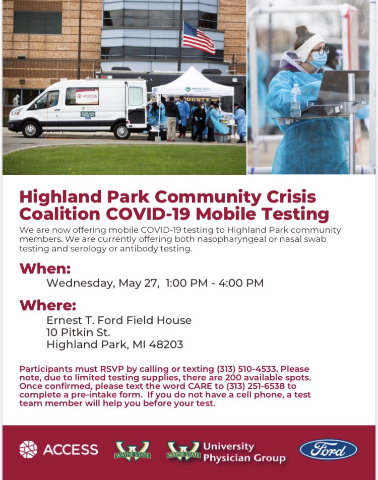 LatanyaRep's tweet photo. HIGHLAND PARK RESIDENTS: There will be FREE COVID-19 testing on TOMORROW, Wednesday, May 27 from 1pm to 4pm. https://t.co/Jzz3Xrz33P