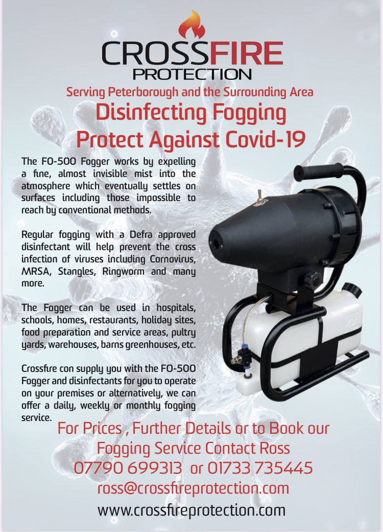 🦠 Book your anti-covid 🦠 fogging service in today! 
Call or email for prices at ross@crossfireprotection.com or 07790699313.  #staysafe