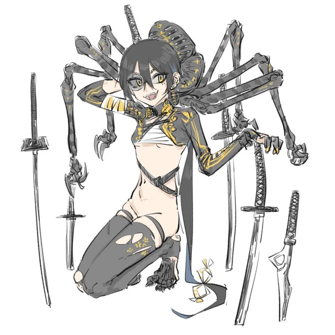以下の指定された特徴縛りでキャラ描くやつでした
黒髪 ほくろ 虫 耳飾り 破れタイツ モノクル 指輪 ファンタジー 化粧
ウデムシがモチーフ 