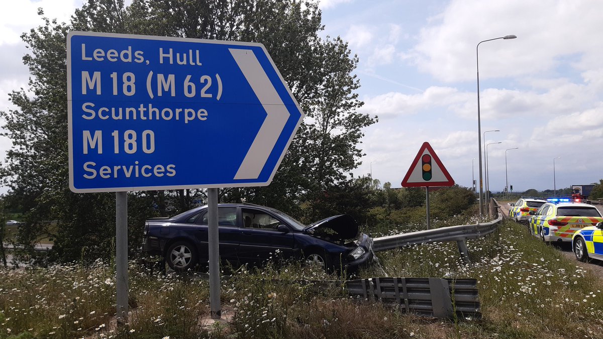 This vehicle was today sighted on the M180 and failed to stop for officers. It travelled in excess of 130mph before losing control at the junction of the M18. Fortunately, all occupants including three children are safe and well. Male driver arrested for numerous offences #Team2