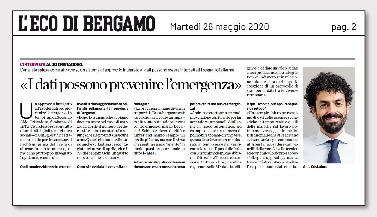 #covid19 e #datamanagement: un sistema di allerta territoriale avrebbe rilevato situazioni anomale, aiutato a prendere decisioni razionali e tempestive. Non si aspetti, si può fare. @AldoCristadoro ne parla su @webecodibergamo https://t.co/BTYftitRuR