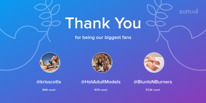 Our biggest fans this week: krisscottx, HotAdultModels, BluntsNBurners. Thank you! via https://t.co/TgunTduqCU