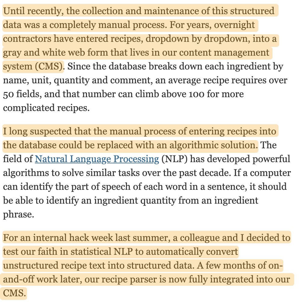 Also... plz read this Times blog post about structured recipe data (it's more valuable than the entire Innovation Report)How the NYT launched Cooking by making sense of its mess of data: 17,507 recipes, 67,578 steps, 142,533 tags and 171,244 ingredients  https://open.blogs.nytimes.com/2015/04/09/extracting-structured-data-from-recipes-using-conditional-random-fields/