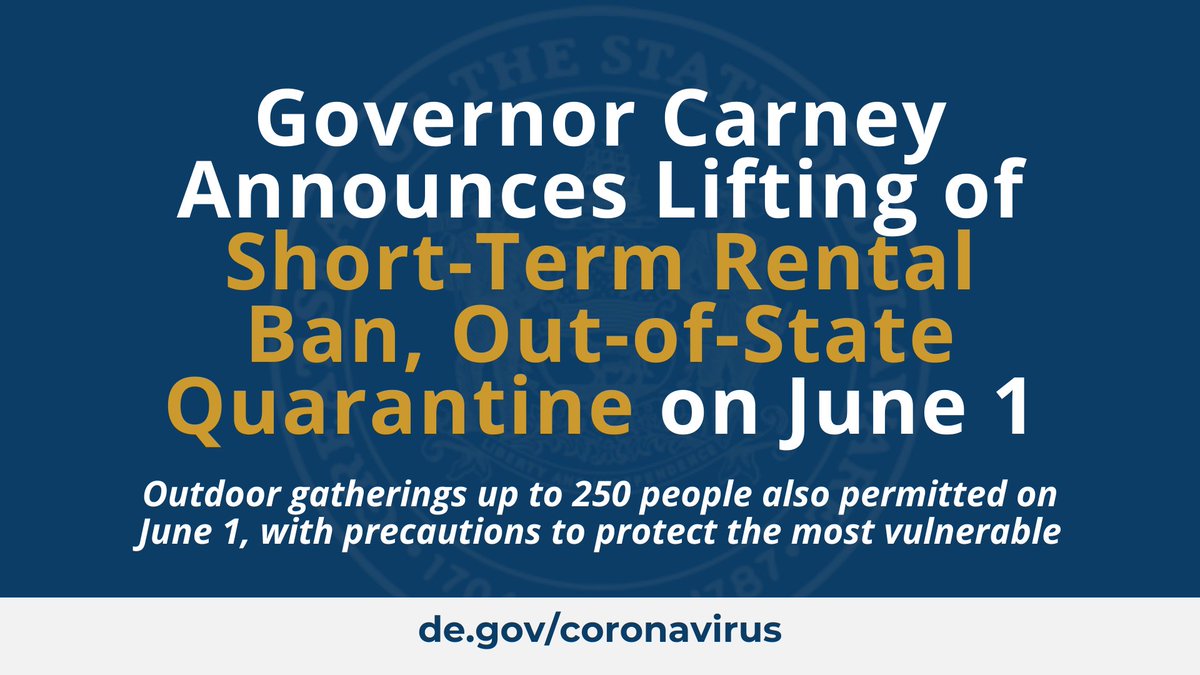 JohnCarneyDE's tweet image. Today we announced that on June 1, the ban on short-term rental units and the mandatory 14-day quarantine for out-of-state travelers will be lifted.

We want visitors to enjoy Delaware, but it’s important that we remember that COVID-19 is still active.

news.delaware.gov/2020/05/26/gov…