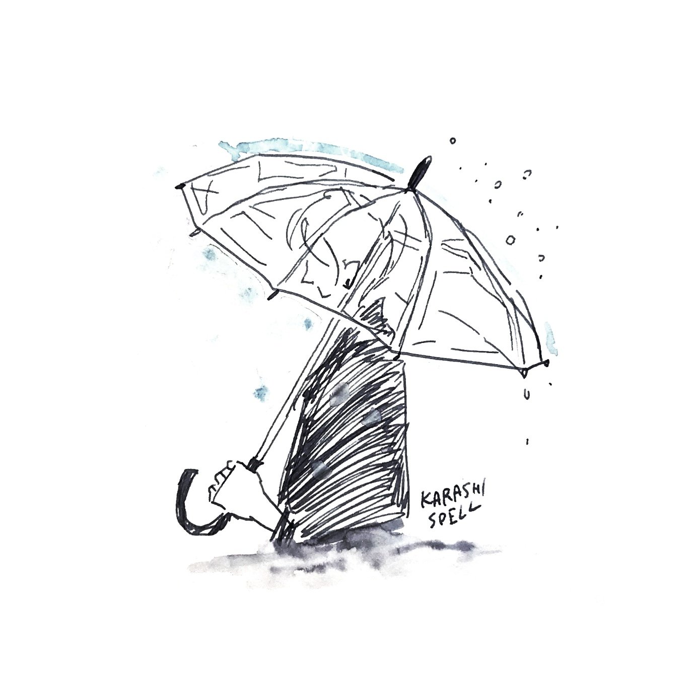 オリジナルイラスト 雨 アート インテリア ダクト ハンドメイド モノクロ 個性的 傘 原画 女の子 室外機 手描きイラスト 白黒 絵 自作 100 本物 手描きイラスト