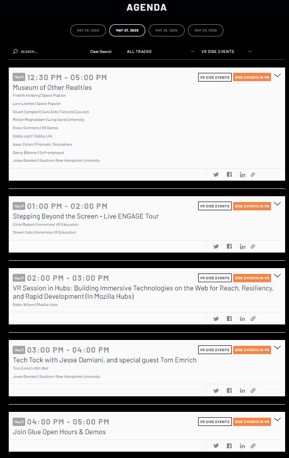 4/ There's a number of Side Events happening in VR throughout  @ARealityEvent over the next four days in  @MuseumOR,  @vreducation,  @exokitXR,  @AltspaceVR,  @glue_collab,  @MozillaHubs Full Schedule is here: https://www.awexr.com/usa-2020/agenda?date=2020-05-26&location=VR+Side+Events