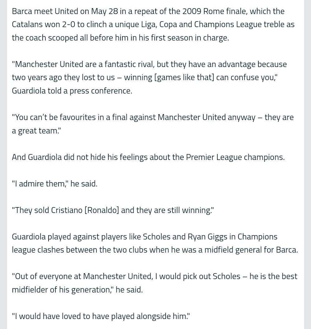 Pep Guardiola: Scholes is the best midfielder of his generation, and I would& #39;ve loved to play alongside him.This seems to come from a 2011 press conference. Although I can& #39;t find footage, here& #39;s GOAL& #39;s transcription plus acknowledgement from Barcelona.  https://www.goal.com/en/news/1...