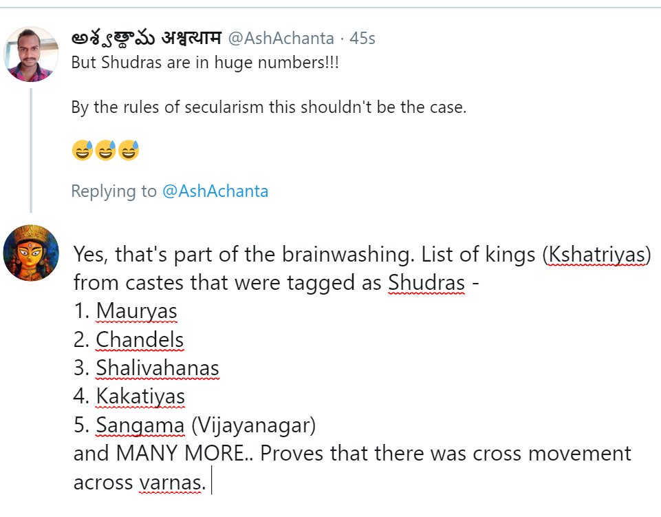 Use the stats in this thread to counter the argument from the  #conversionmafia /commies/Dravidavadis on this stupid statement that "Shudras were not educated". There's a huge list of Shudras who became Kings (Kshatriyas)