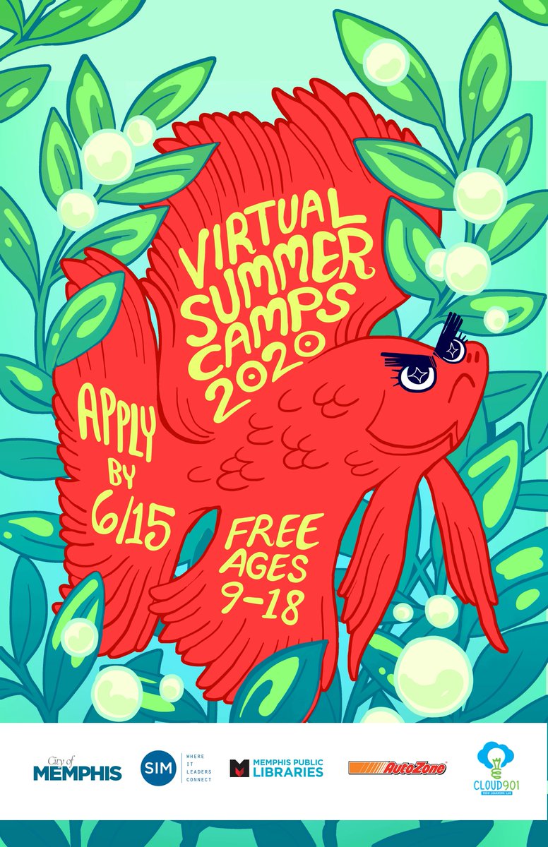 Cloud901TeenLab's tweet photo. Memphis Public Library's 2020 #Virtual Summer Camps for ages 9-18 are here!
🐡Applications open now through June 15th.
🐚Info about the curriculum structure, age limits, &amp; how to access the camp online are detailed in the applications.
🦀Apply @ https://t.co/iWhTtETt7W https://t.co/gHgsZZJ6ac