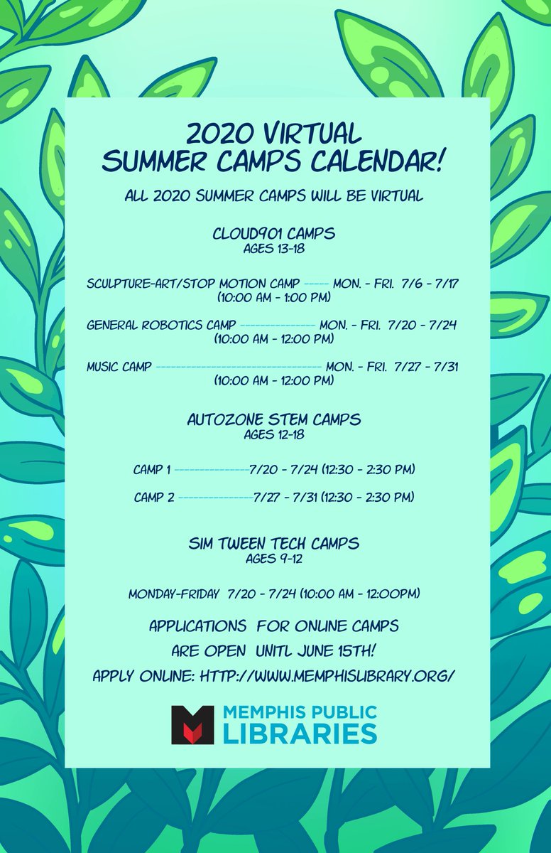 Memphis Public Library's 2020 #Virtual Summer Camps for ages 9-18 are here!
🐡Applications open now through June 15th.
🐚Info about the curriculum structure, age limits, &amp; how to access the camp online are detailed in the applications.
🦀Apply @ memphislibrary.org/summer-camps/