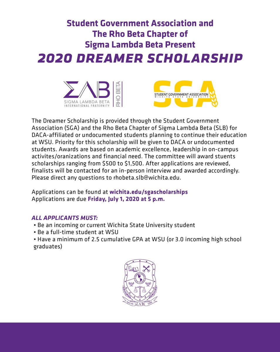 wsudiversityint's tweet photo. Applications for the Sigma Lambda Beta 2020 Dreamer Scholarship are now live! Priority for this scholarship is given to DACA &amp; Undocumented Individuals. Applications will be due July 1st. To apply, visit  https://t.co/3wJrVUEheS . https://t.co/YOxPfFwjvI
