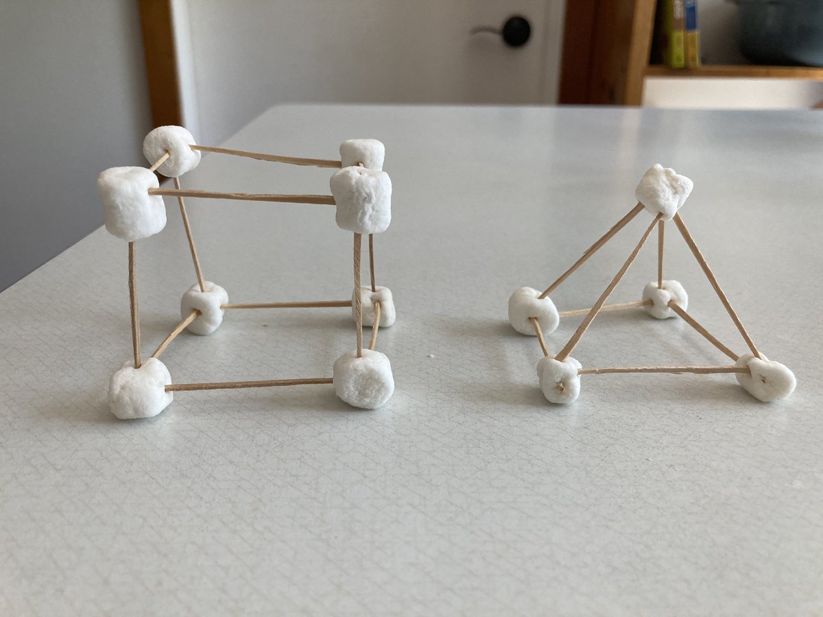 SusanKimberley1's tweet photo. @armstrong3__4 Madeline made a square based pyramid and Evan made a cube. The marshmallows are disappearing now - I just barely had time to take the picture before the eating started! https://t.co/6oJa1fvS6x