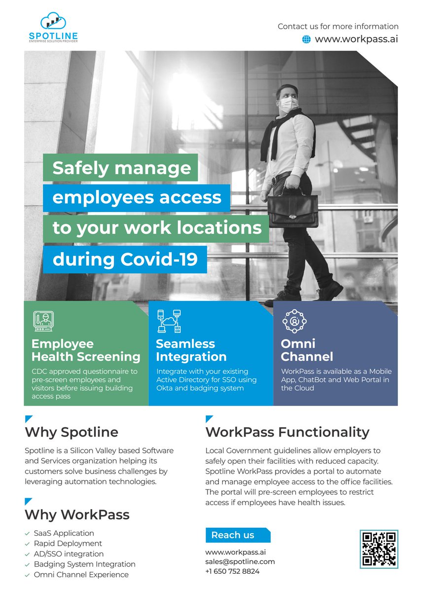 SpotlineInc's tweet image. Launching #WorkPass solution for businesses to safely open their offices.