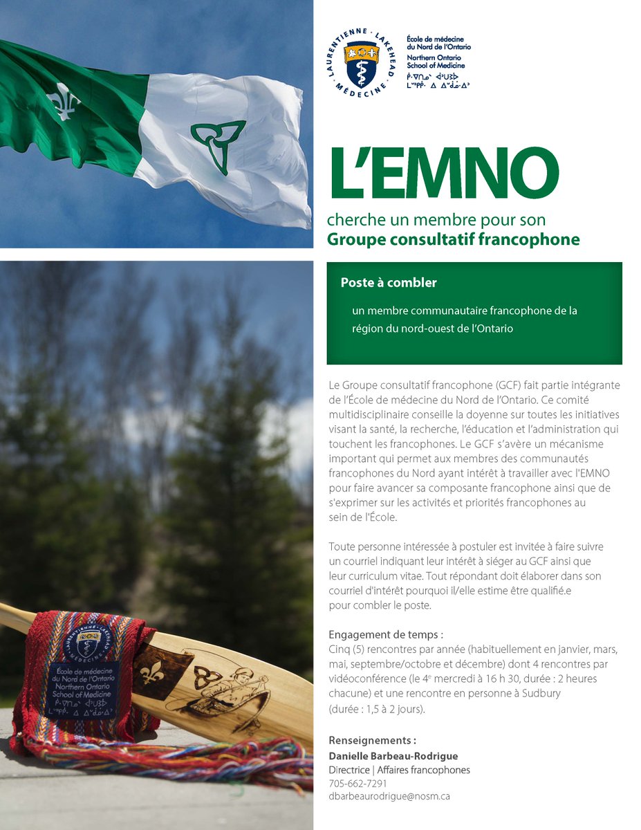 Le Groupe consultatif francophone (GCF) de l'École de médecine du Nord de l'Ontario (EMNO) est à la recherche d'un membre communautaire francophone de la région du nord-ouest de l’Ontario.