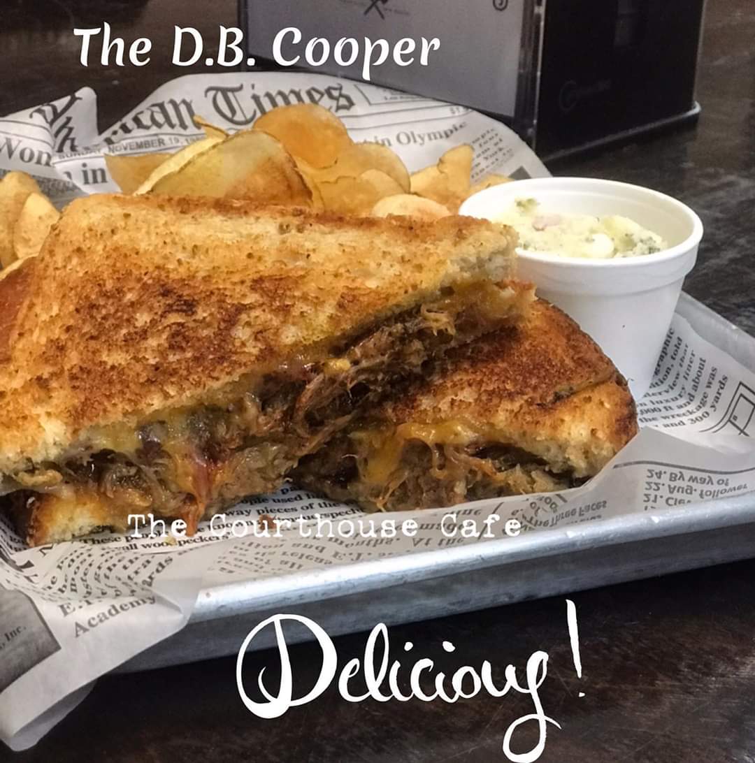 courthousecafe3's tweet photo. #TheCourthouseFeature on the docket today we have The D.B.Cooper. a delightful combination of New Mexico pulled pork, green chile, our house made BBQ sauce, cheddar Swiss and provolone cheeses. Served on wheat bread, with our famous chips and choice of house made side salads! https://t.co/ZdkmpgvbTz