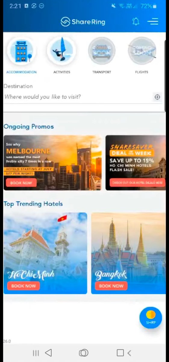The ShareRing Travel destinations App is much more than just a generic travel app. In fact they turned it into an all-in-one hub where you can book your vacation's Flight, Accomodation, Transport (car rentals) and Activities.  $SHR  #Travel
