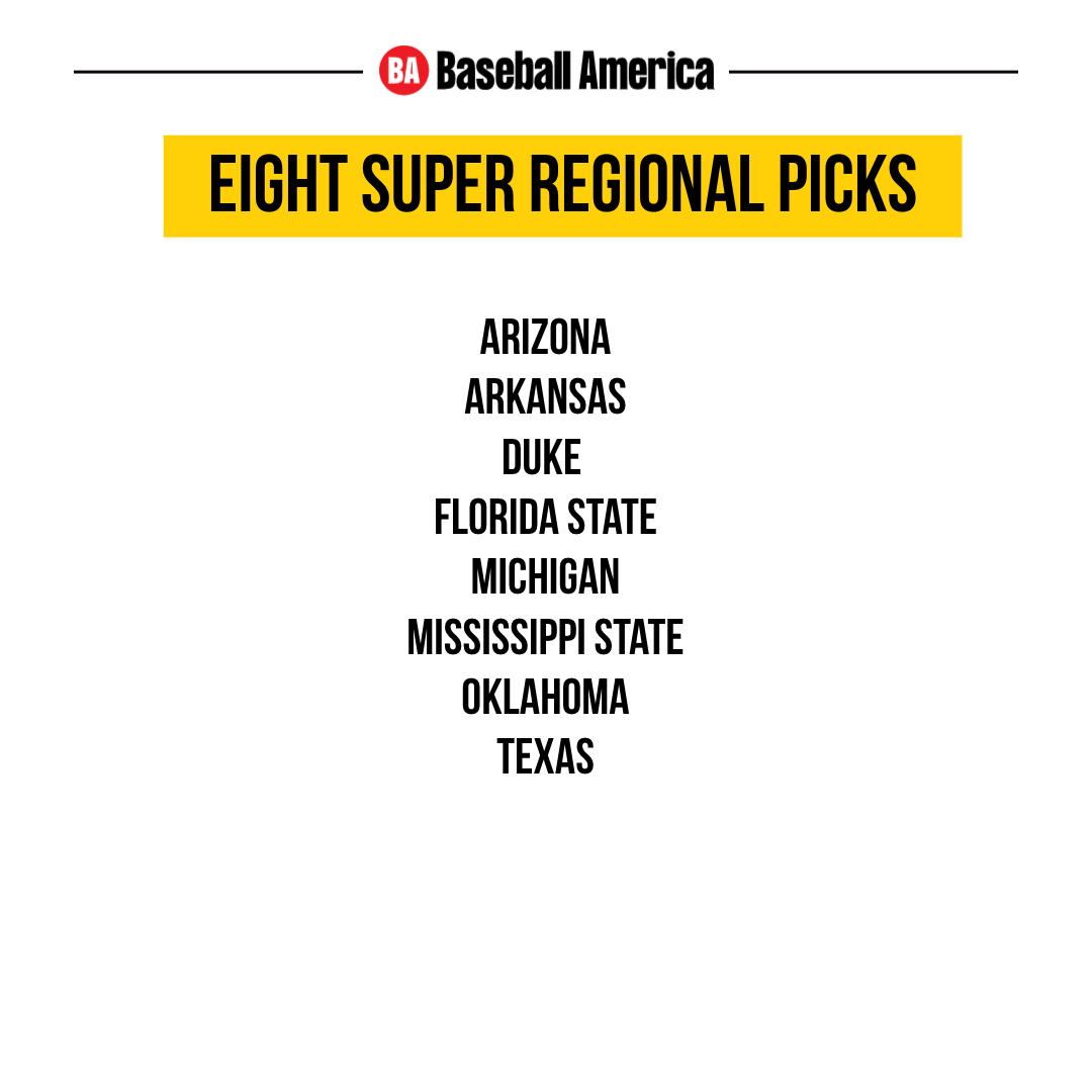 BaseballAmerica's tweet photo. The eight programs who sit *just* outside our 2021 Eight For Omaha: 

Arizona
Arkansas
Duke
Florida State
Michigan
Mississippi State
Oklahoma
Texas

https://t.co/Lrd3J9EjSs https://t.co/oluUsOVv0c