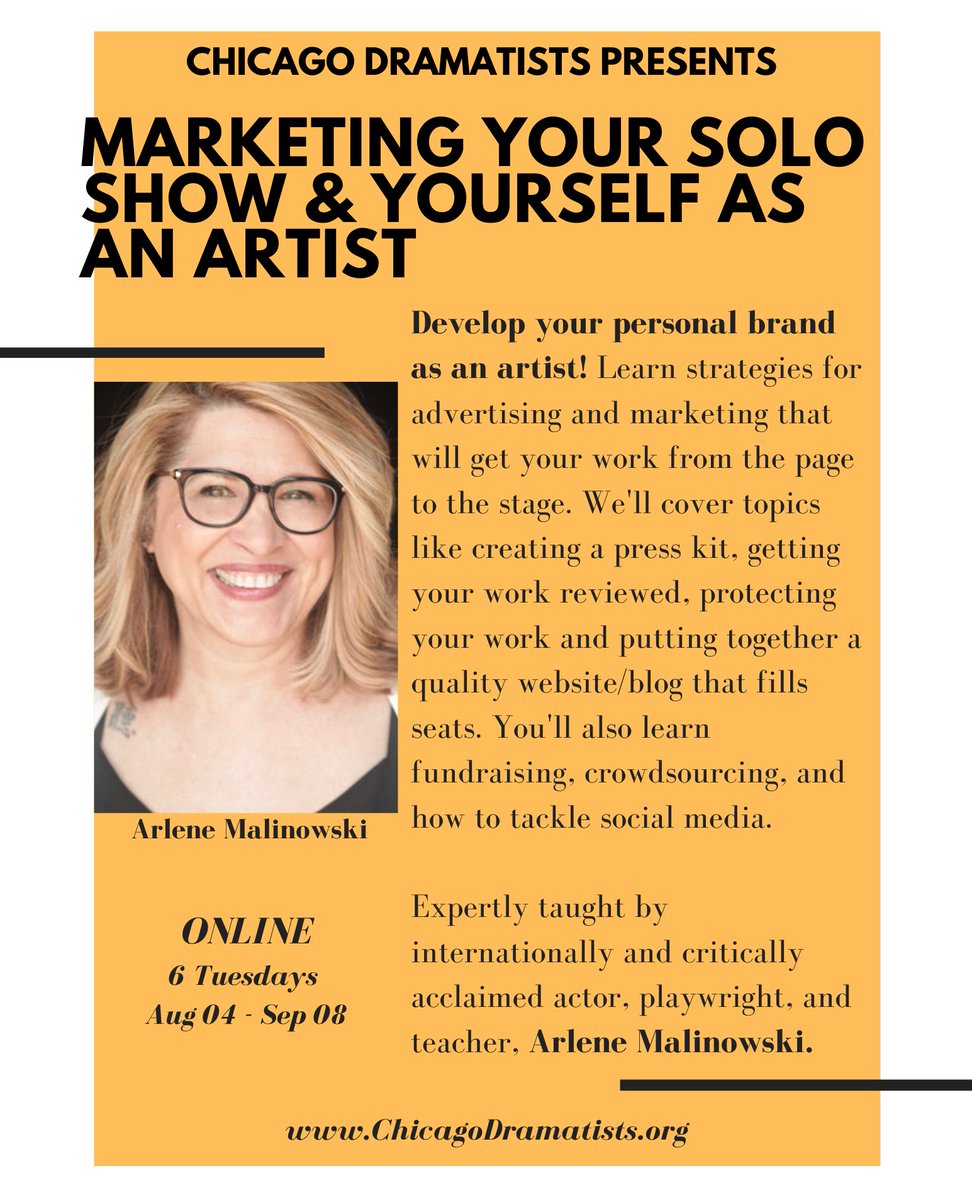 ChiDrama's tweet photo. Develop your artistic brand & get your work seen! Everything from creating a website to how to protect your work. Link in bio.
#chicagodramatists #chicagotheatercommunity #onlinelearning #playwriting #playwritingclass #writingclass #soloshow #artistdevelopment #screenwriting https://t.co/VX1R9ftjAw
