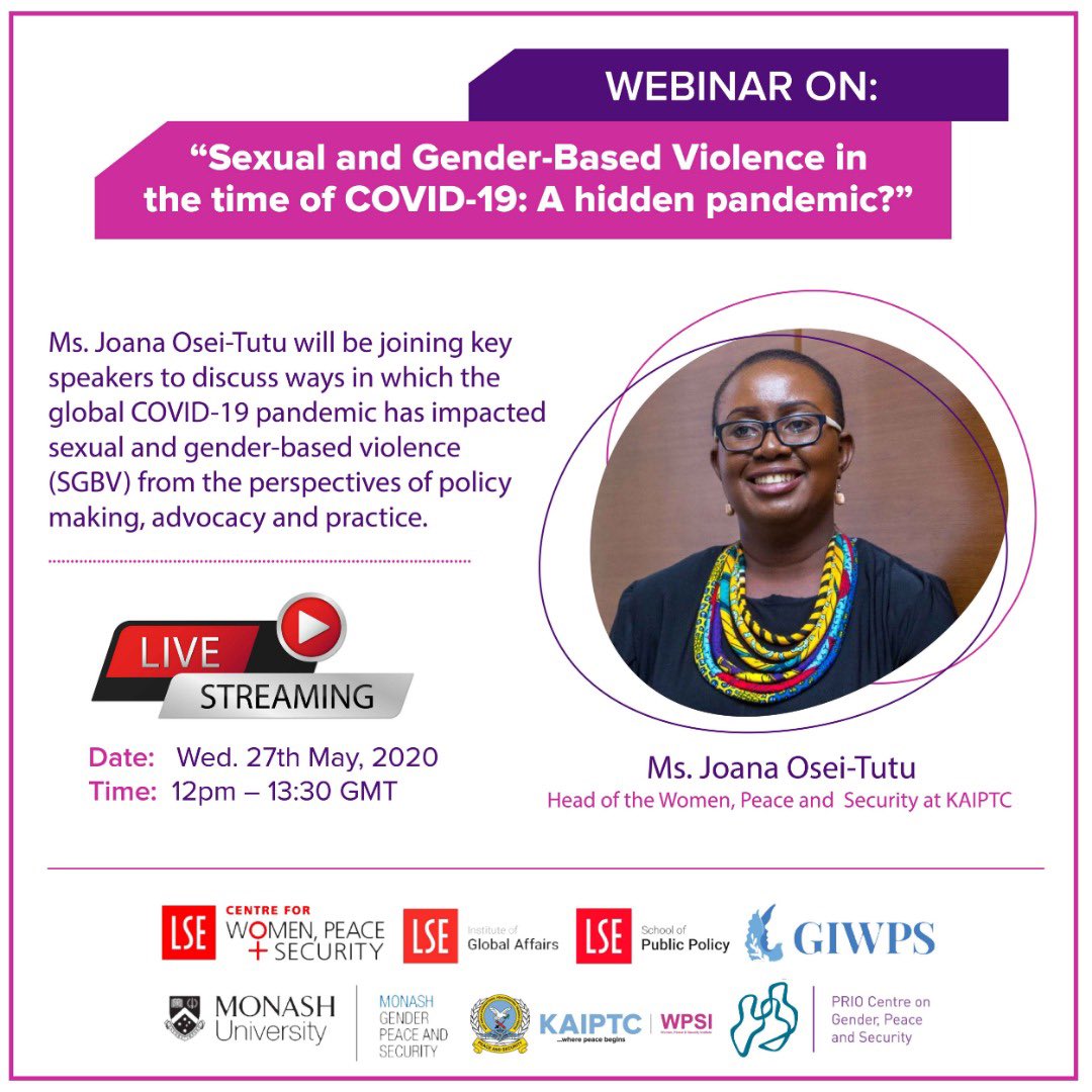 Tomorrow at 12 GMT head of @wpsi_kaiptc @joana_oseitutu will join a panel to speak on #SGBV During #COVID19: A hidden pandemic?
A global discussion by @prioGPS @wpsi_kaiptc @GpsMonash @giwps @LSE_WPS Live at: tinyurl.com/watchliveon27m…

#1325Beyond2020 #covid19gender