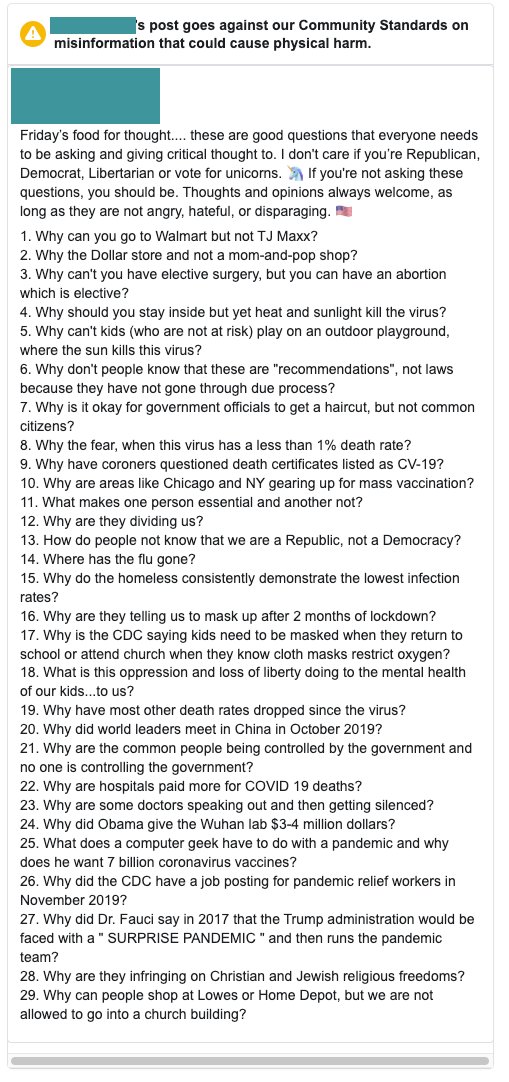 DrKarlynB's tweet photo. So, Facebook just automatically censored this post in my civil discussion group and notified me (as the admin) that it was removed for violating community standards. 

It's just a list of questions. 

And this is why I'm moving everything to Locals: https://t.co/hksvfvz1nk https://t.co/hXDcSHvFTy