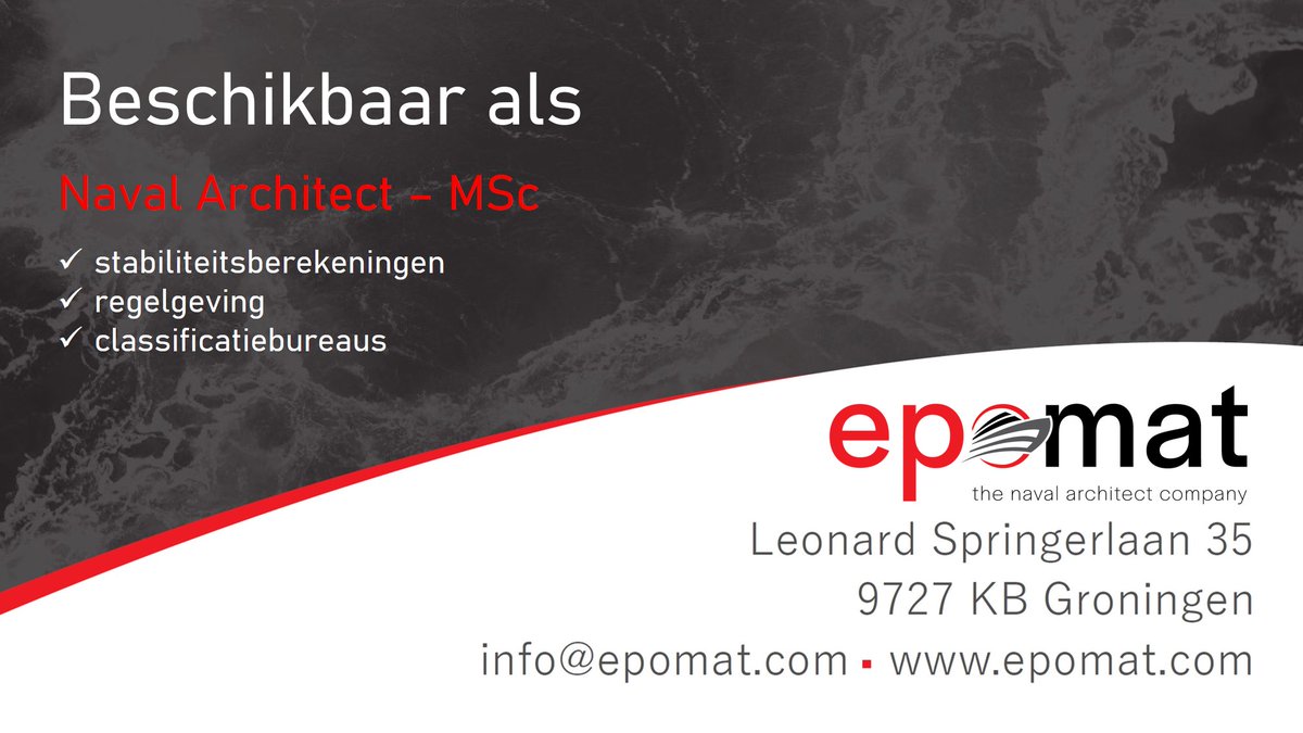 Epomat's tweet photo. Beste netwerk, per direct hebben wij een ervaren Naval Architect MSc beschikbaar. Kernkwaliteiten: stabiliteitberekeningen, regelgeving en classificatie bureaus. Meer informatie? https://t.co/3sLAz42izL https://t.co/rhpjuffuvU