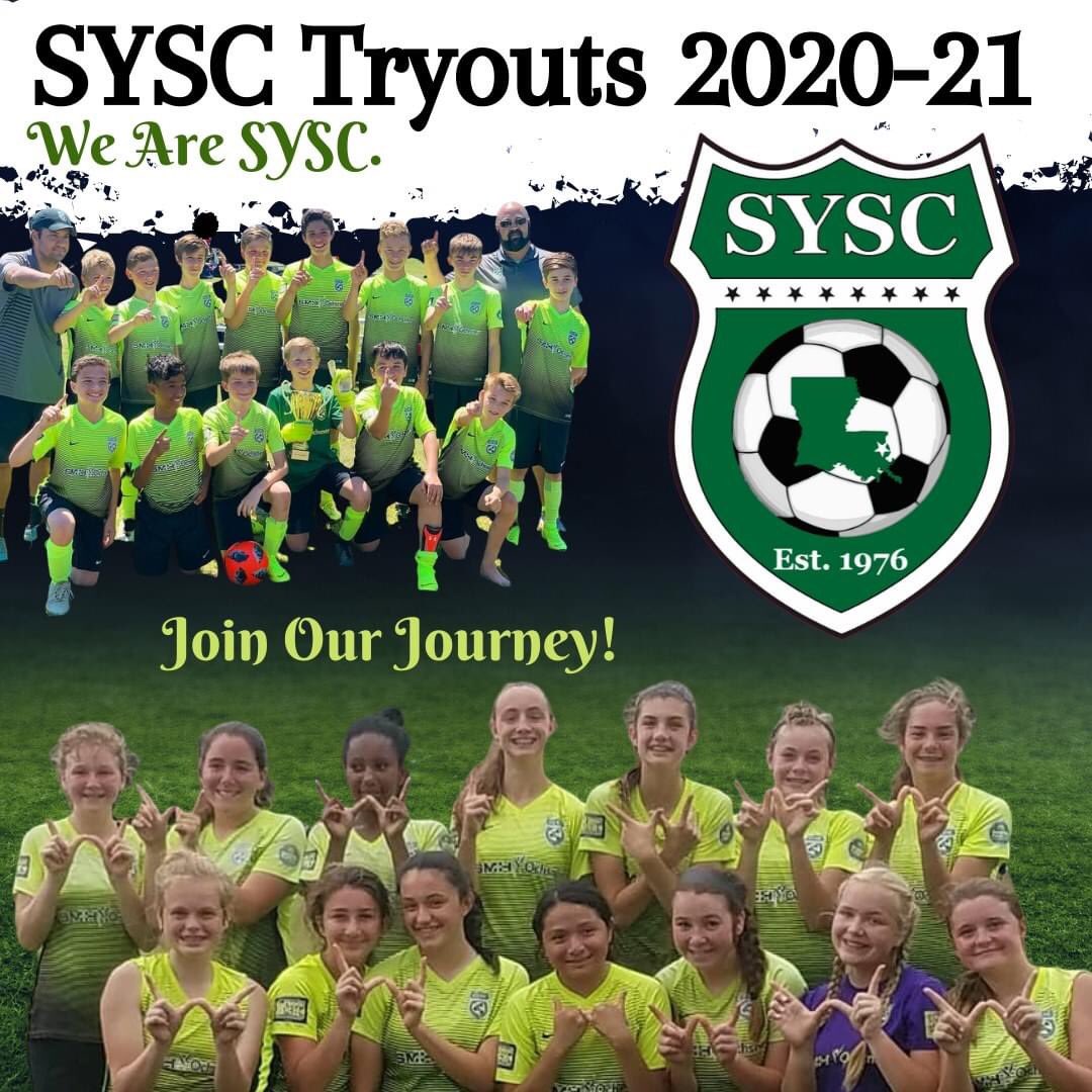 SlidellSoccer's tweet photo. **SYSC Tryouts 2020-21**

We are delighted to announce our tryouts schedule for the 2020-21 season. Please share our post with friends and family members who would be interested in joining our soccer community. We Are SYSC. Join Our Journey! https://t.co/ifKVlEiCzh