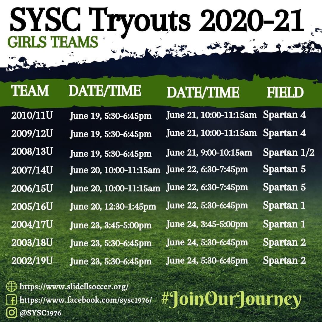 **SYSC Tryouts 2020-21**

We are delighted to announce our tryouts schedule for the 2020-21 season. Please share our post with friends and family members who would be interested in joining our soccer community. We Are SYSC. Join Our Journey!