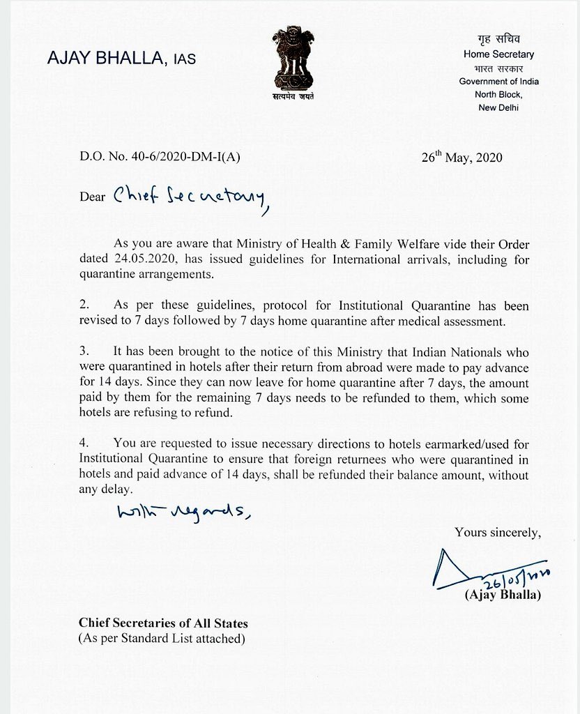 MHA to States:
Indians coming from abroad are being charged in advance for 14 days quarantine by earmarked Hotels in various states.
<a href="/MoHFW_INDIA/">Ministry of Health</a> permits home quarantine after 7 days of institutional quarantine.
States to direct hotels to charge only for 7 days &amp; refund balance.