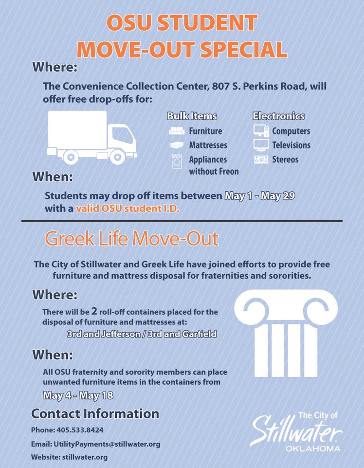 MonticelloAtStw's tweet photo. If you're a student at OSU, check out the City's student move out special! 

You can drop off any unwanted furniture or electronics for FREE until May 29 at the Convenience Collection Center, 807 S. Perkins Rd, with an OSU ID.🍊 https://t.co/DuXM3S9Q2T